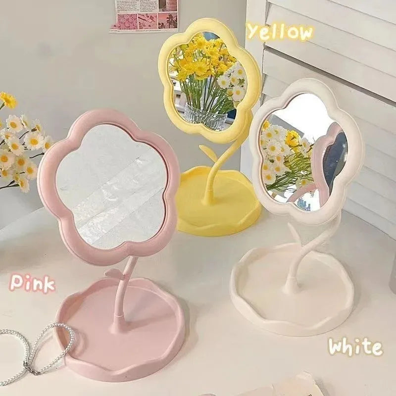 Pastel Flower Compact Desktop Mirror with Cute Korean Design