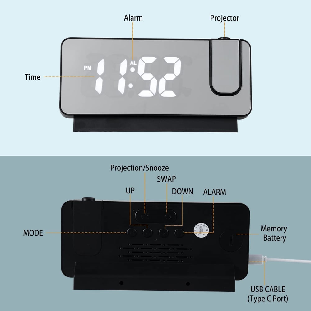 AlarmProject™ - LED Mirror Alarm Clock with Dual Alarms & Temp Display