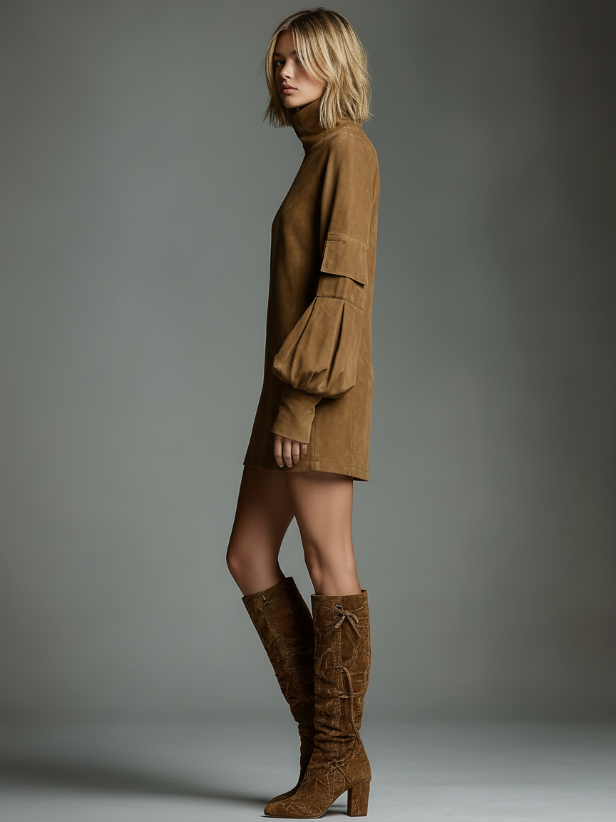Vintage Suede Turtleneck Mini Dress – Effortless Chic Style