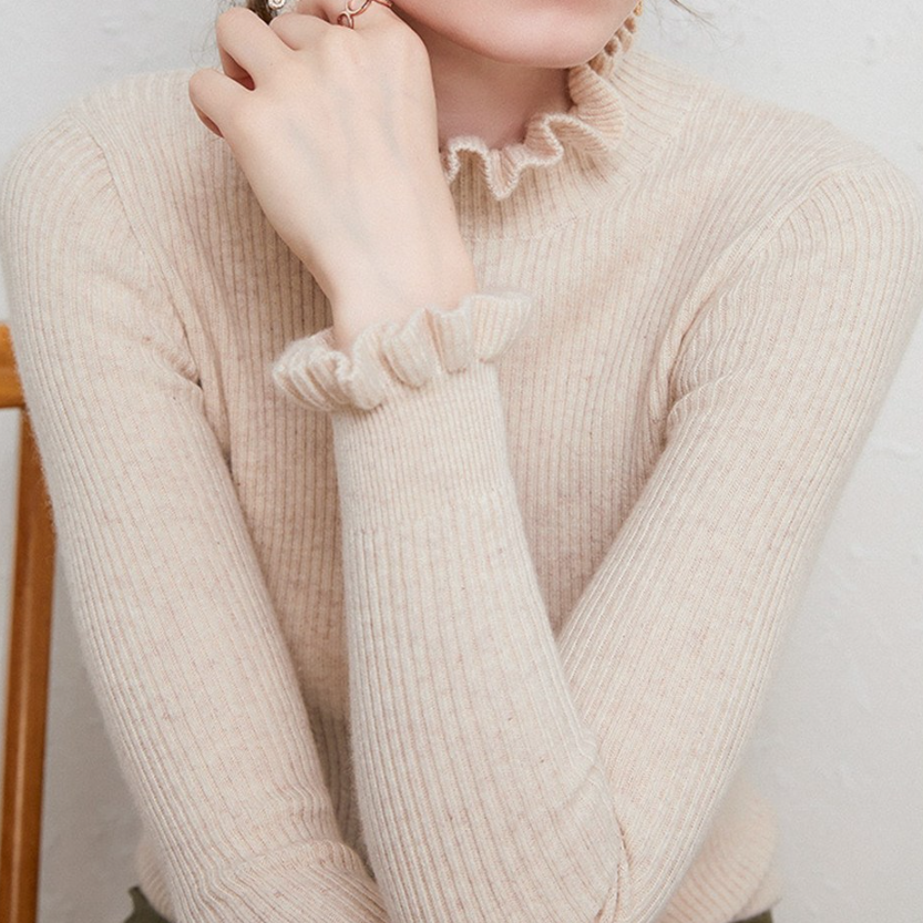 Cozy Turtleneck Knit Sweater with Feminine Ruffle Details