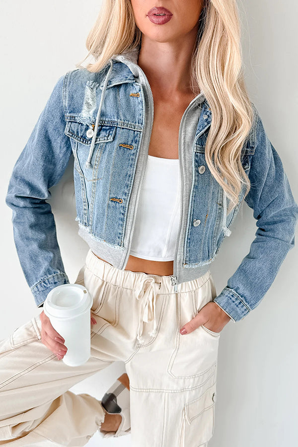 Casual Patchwork Denim Hooded Jacket