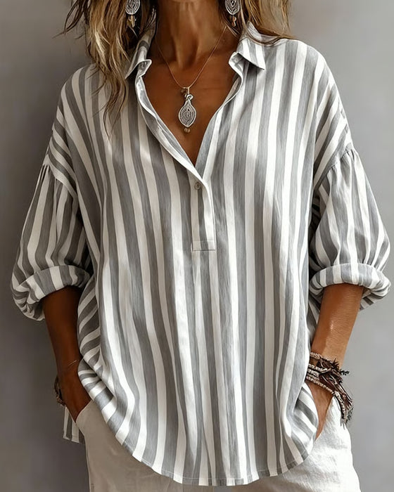 Casual Striped Collared Blouse