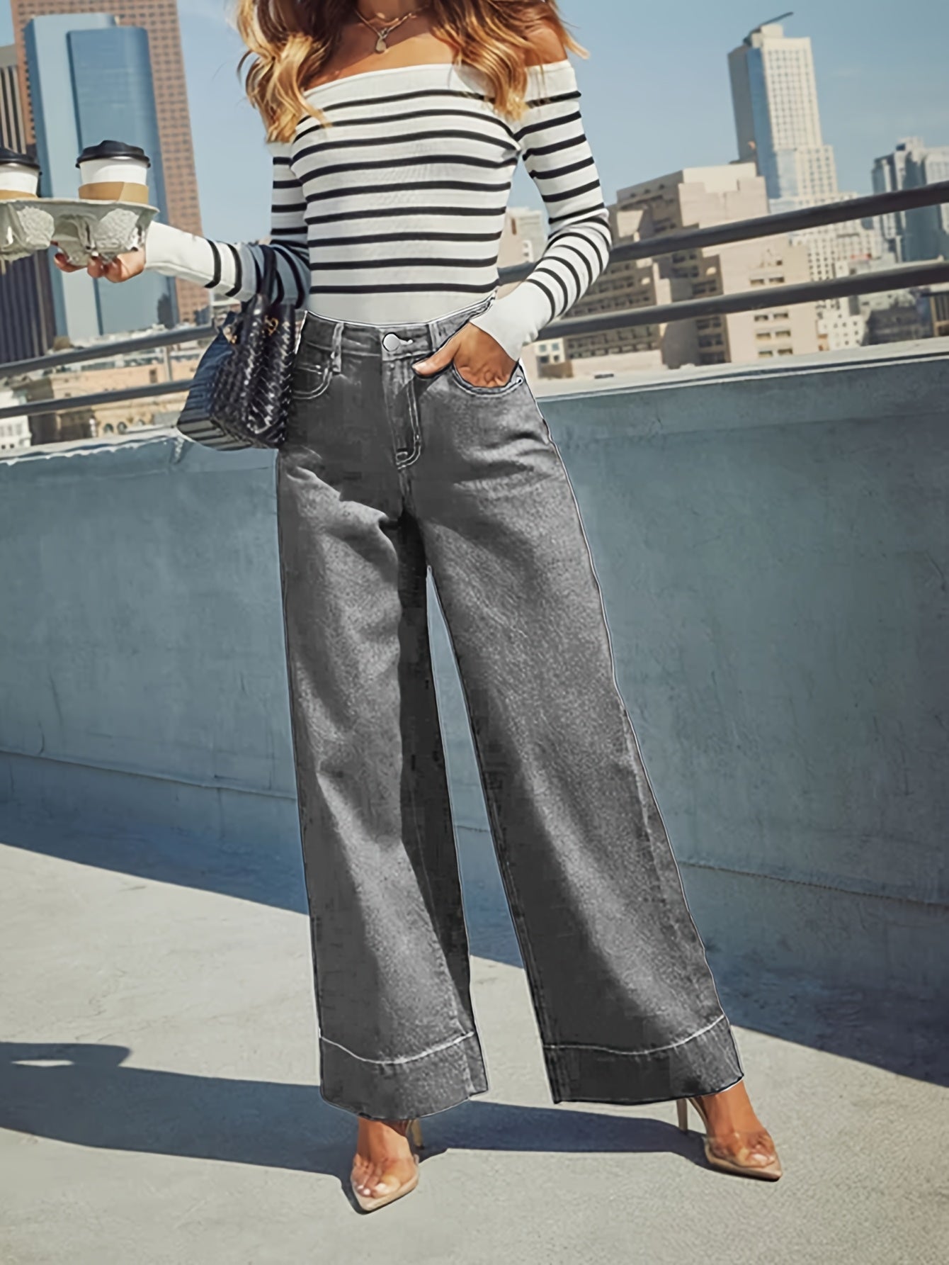 High-Waist Wide-Leg Stretch Denim Jeans with Cuffed Hem