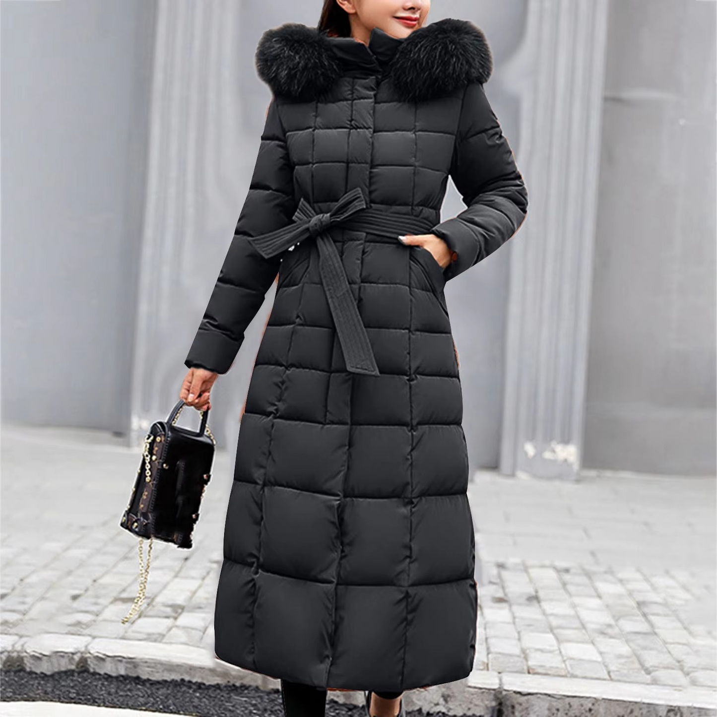 Stylish Long Puffer Coat with Faux Fur Collar