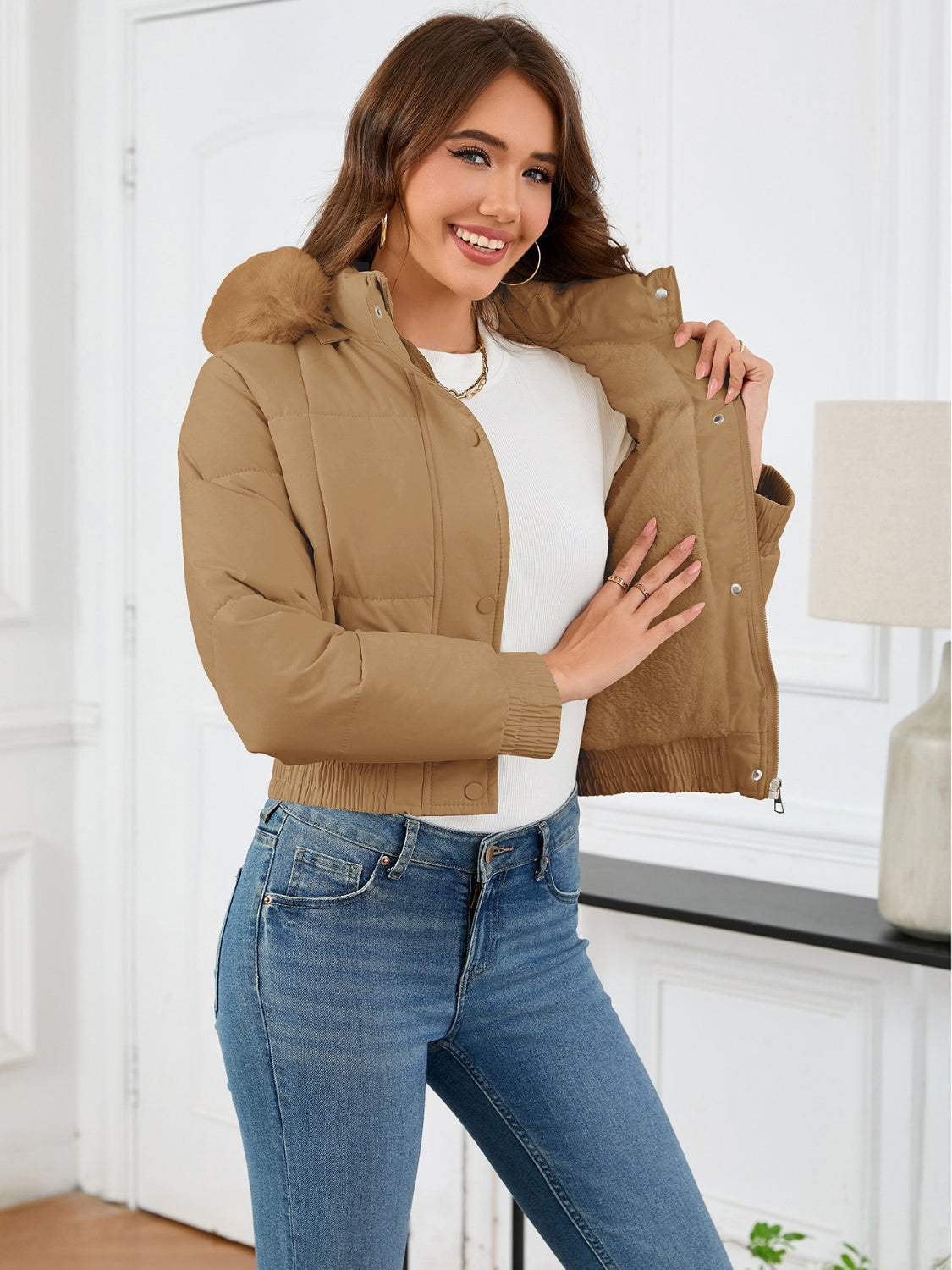 Cozy Padded Winter Jacket with Fur Hood and Pockets