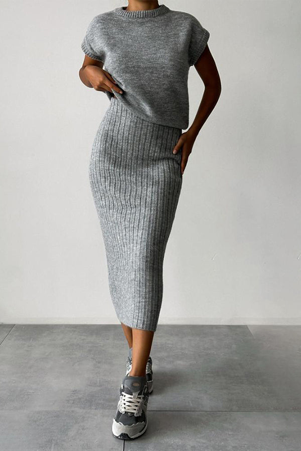 Knit Short Sleeve Sweater & Ribbed Midi Skirt Set