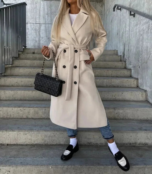 Chic Double-Breasted Belted Coat with Pockets