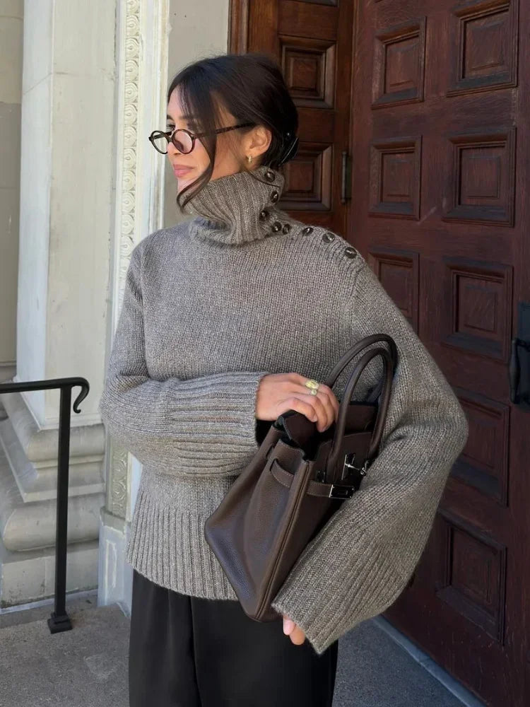Cozy Button Turtleneck Loose Fit Pullover Sweater