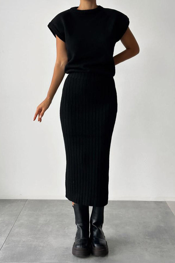 Knit Short Sleeve Sweater & Ribbed Midi Skirt Set