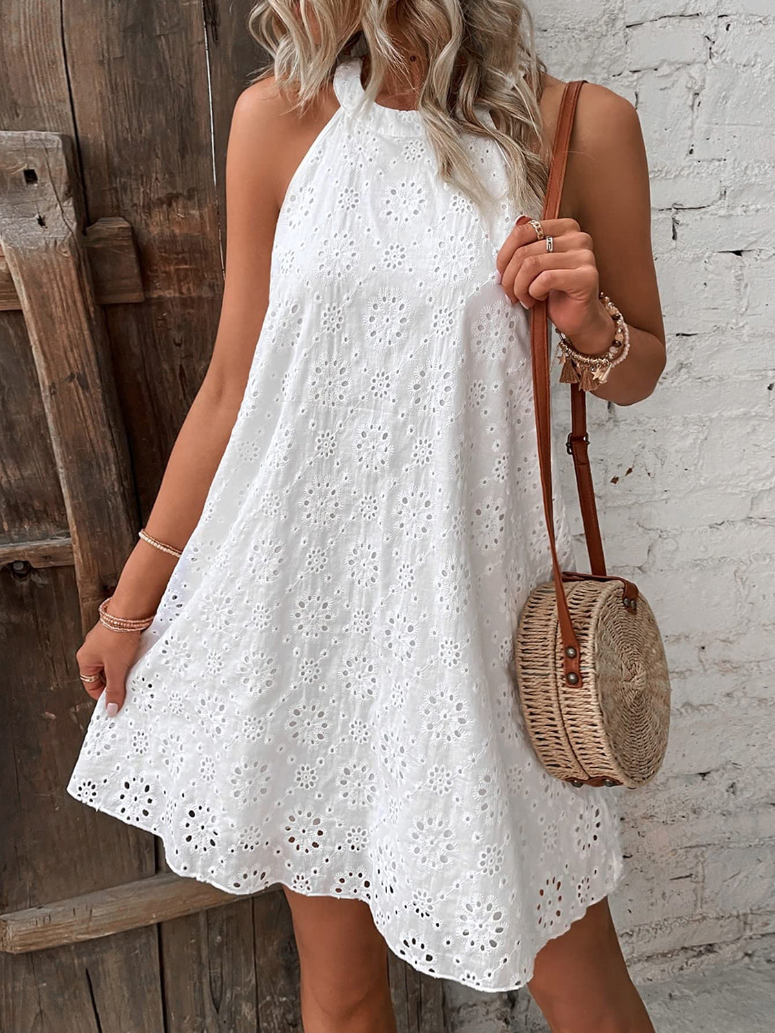 Eyelet Neck Mini Dress
