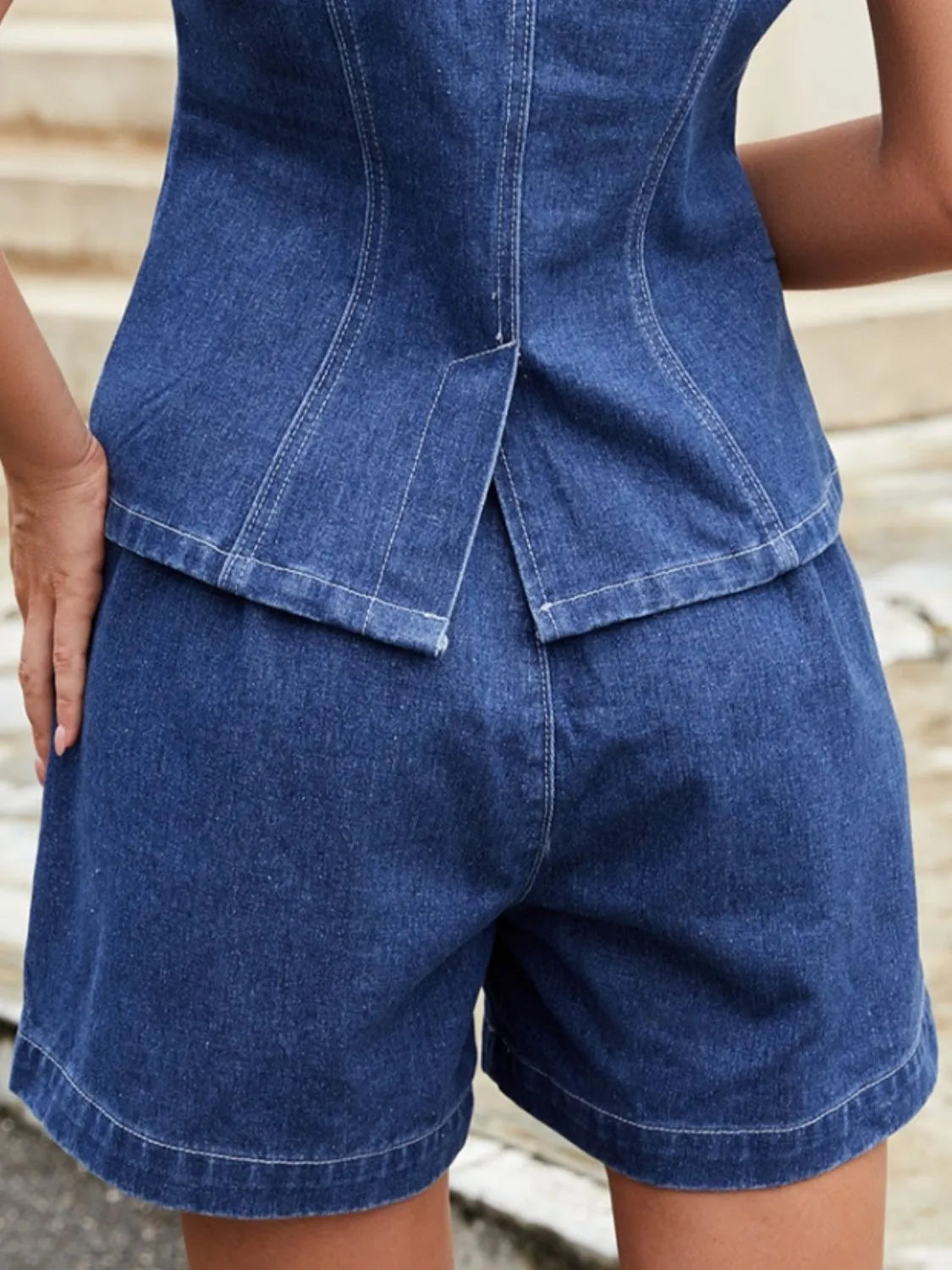 Casual Denim Button Down Vest and Shorts Set