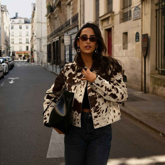 Cow Print Notched Collar Jacket with Stylish Snap Buttons