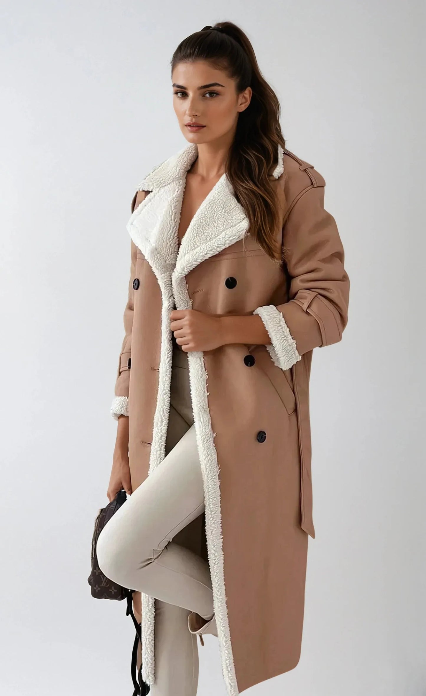 Elegant Long Coat with Cozy Fuzzy Collar