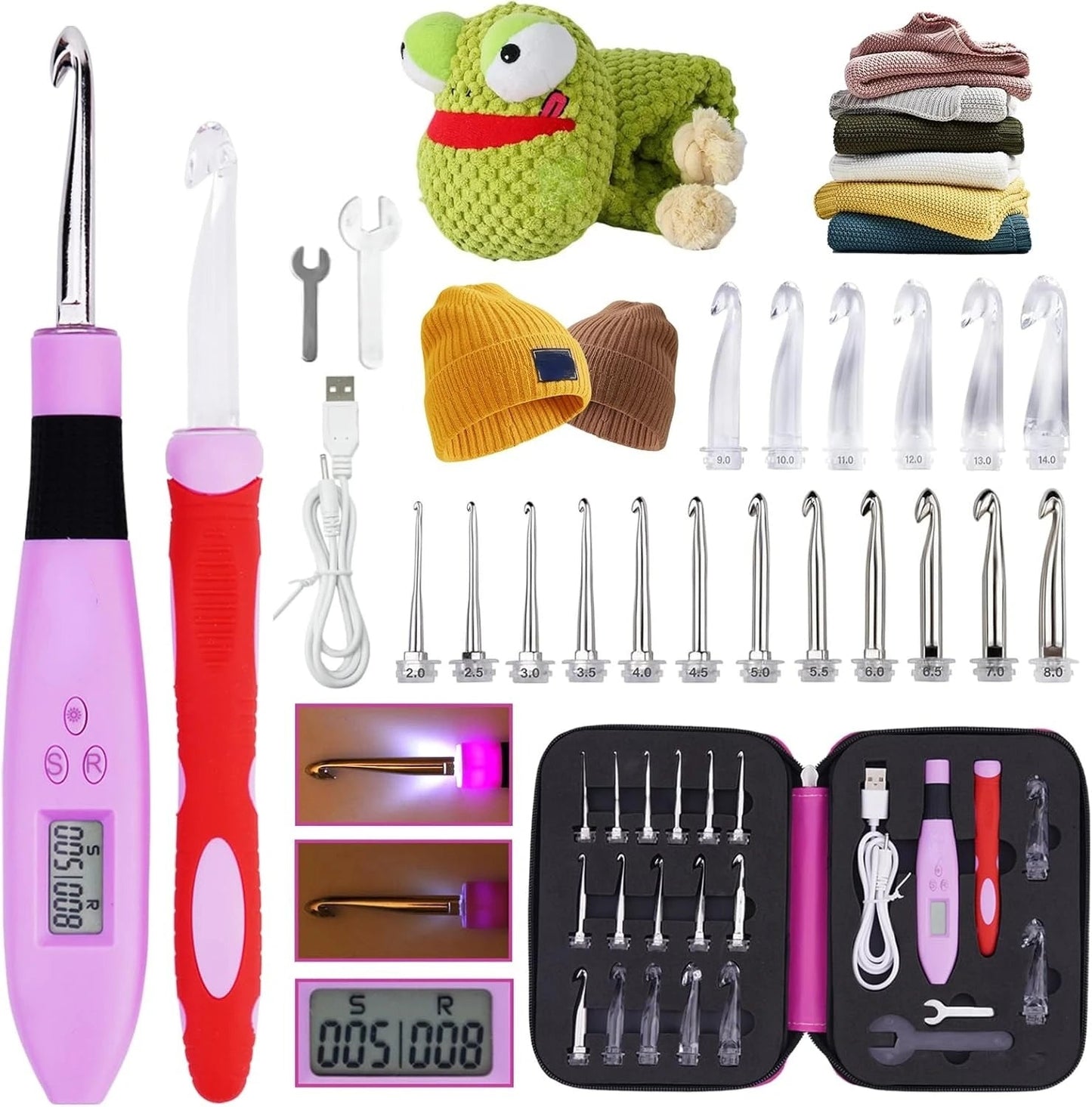 CraftEase™ - Light-Up Interchangeable Crochet Hook Set with 18 Sizes