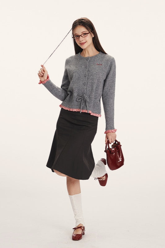 Slim Waist Cinched Knit Cardigan with Panel Design