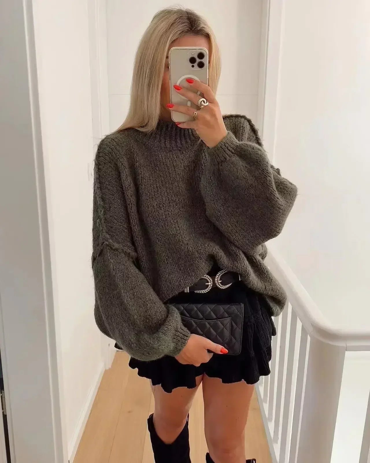 Cozy Knit Turtleneck Sweater with Puff Sleeves
