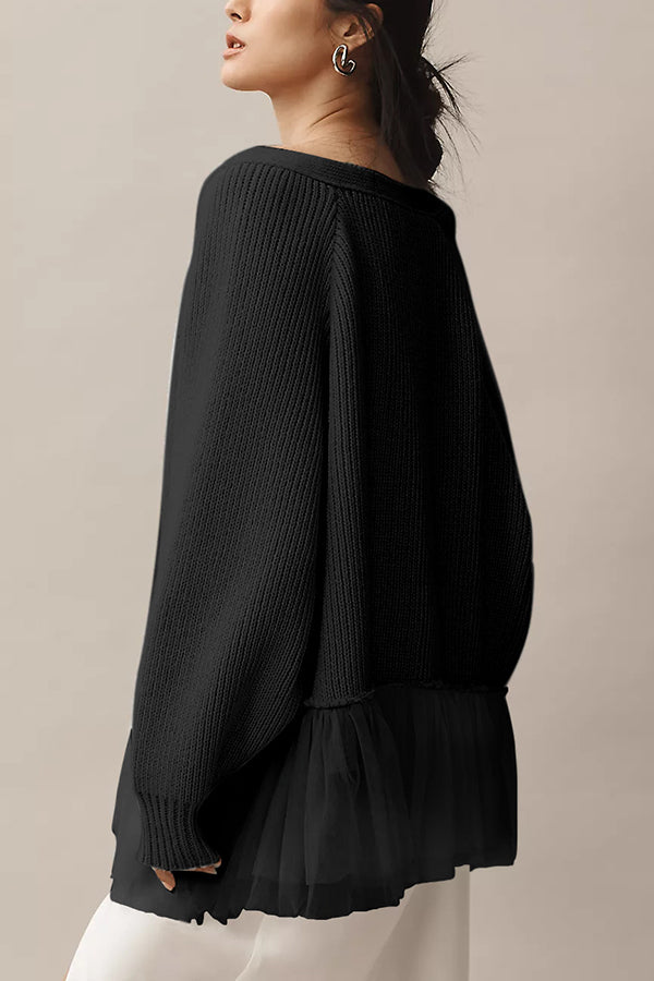 Mesh Ruffle Knit Cardigan with Long Sleeves