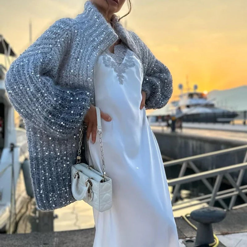 Sparkling Knit Cardigan with Glitter Sequins