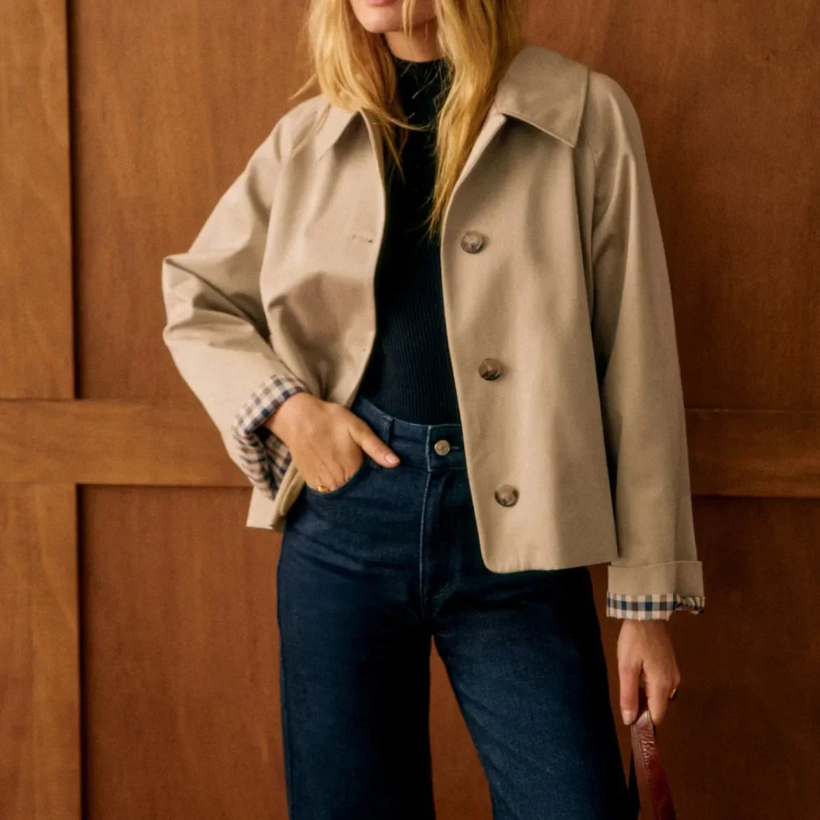 Classic Plaid Turn-Down Collar Trench Coat