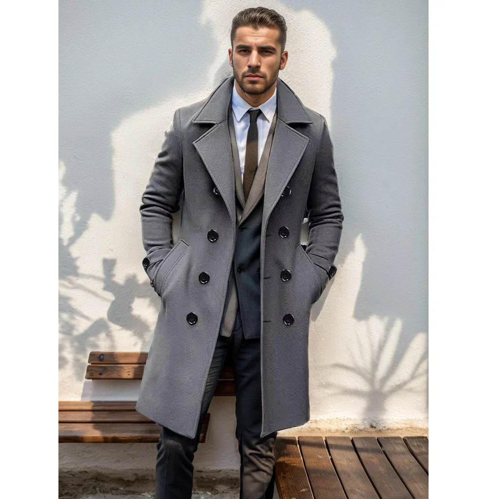 Men’s Long Double-Breasted Elegant Coat with Notched Collar