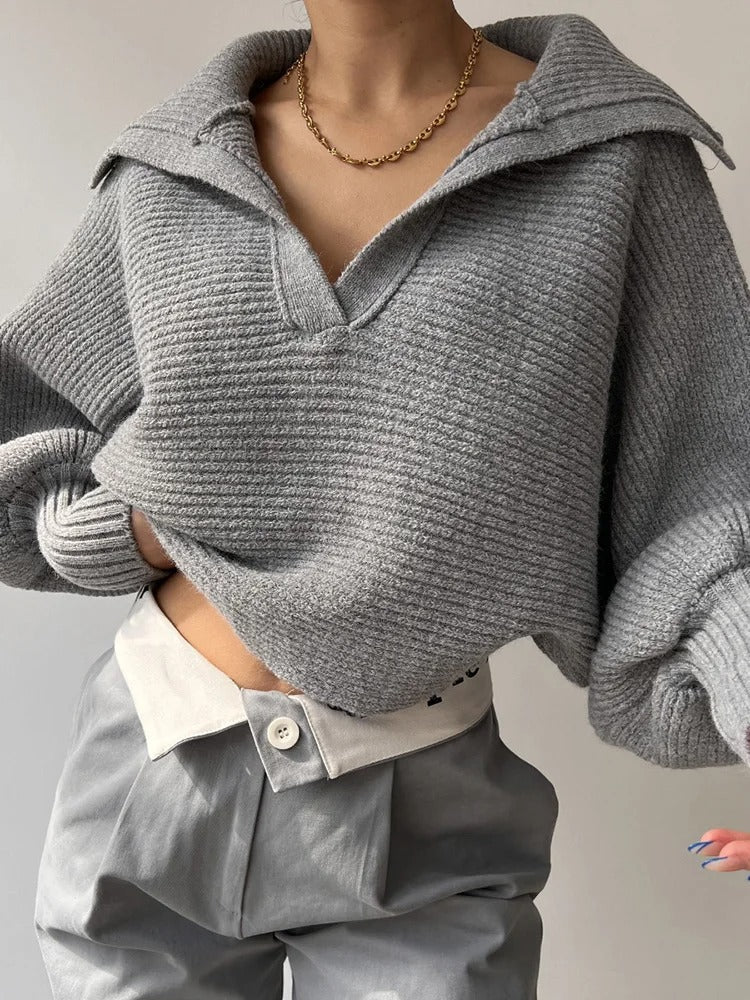Cozy Lantern Sleeve Open Collar Knit Sweater