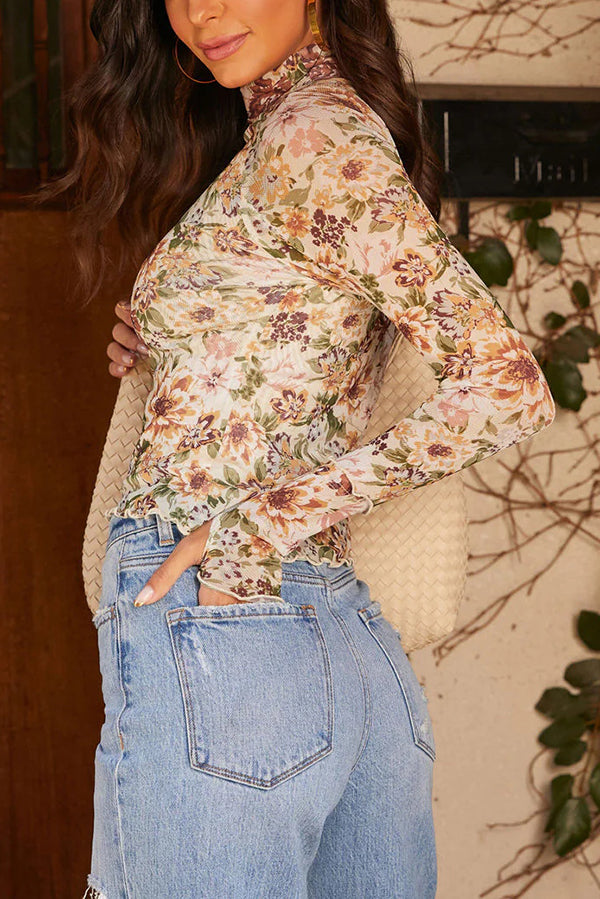 Floral Print Slim Fit Long Sleeve Casual Top