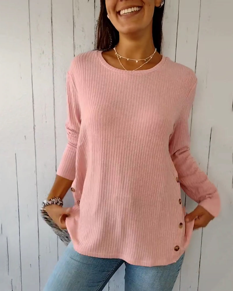 Ribbed Knit Long Sleeve Crew Neck T-Shirt for Women