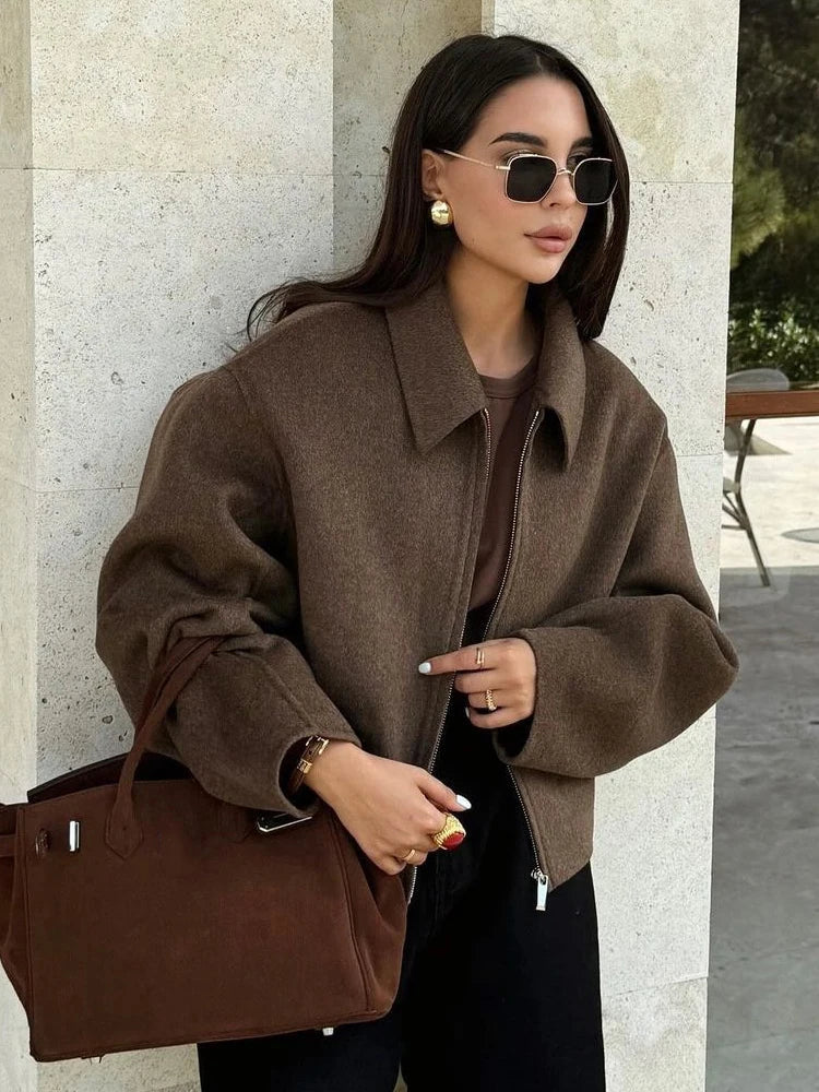 Cozy Brown Woolen Zipper Coat for Fall Layers