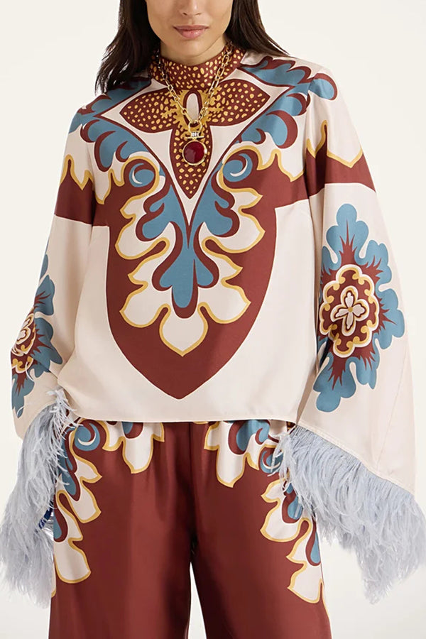 Bohemian Feather Trim Bell Sleeve High Neck Top