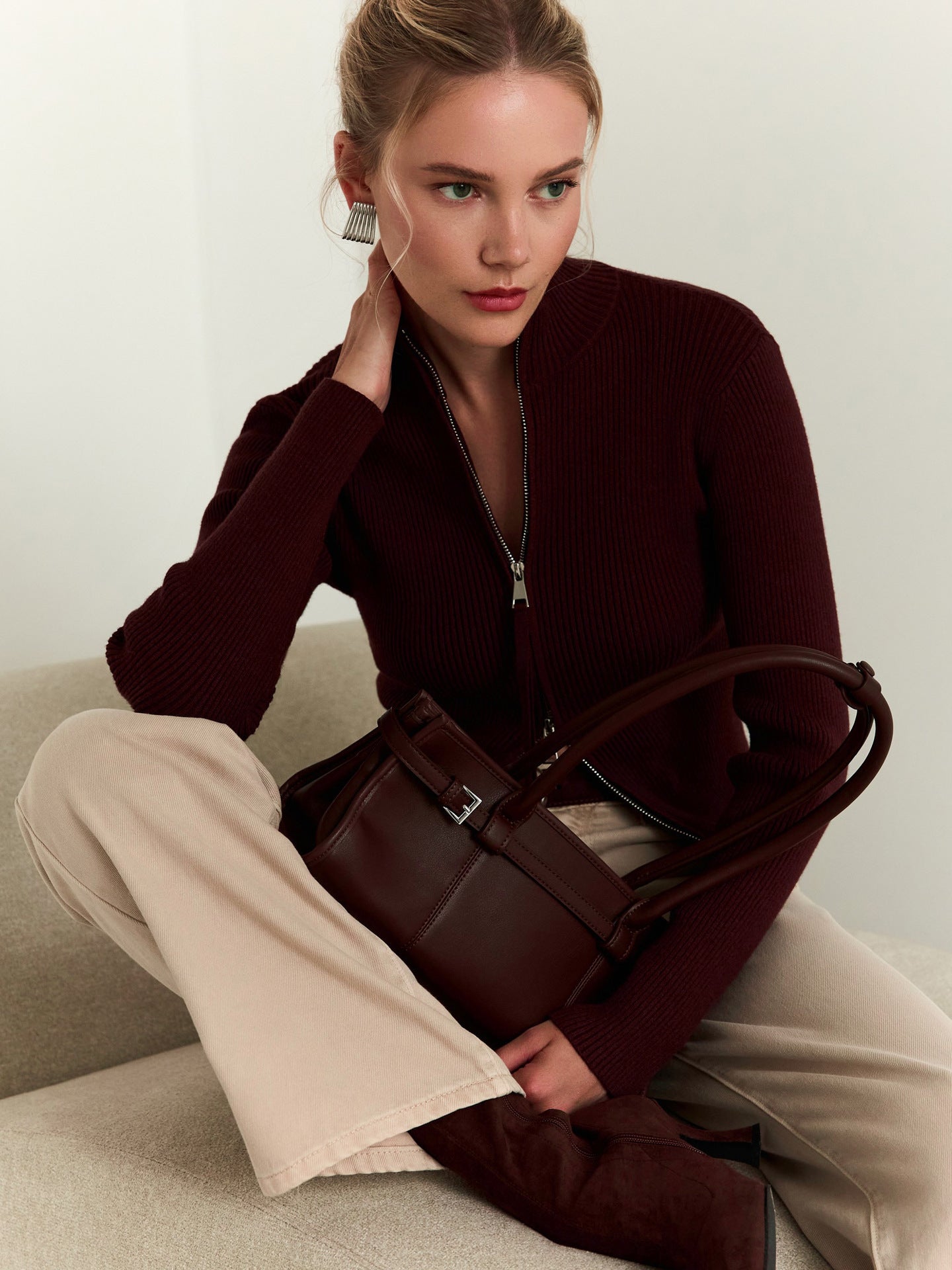 Cozy Ribbed Knit Sweater with High Zipper Detail