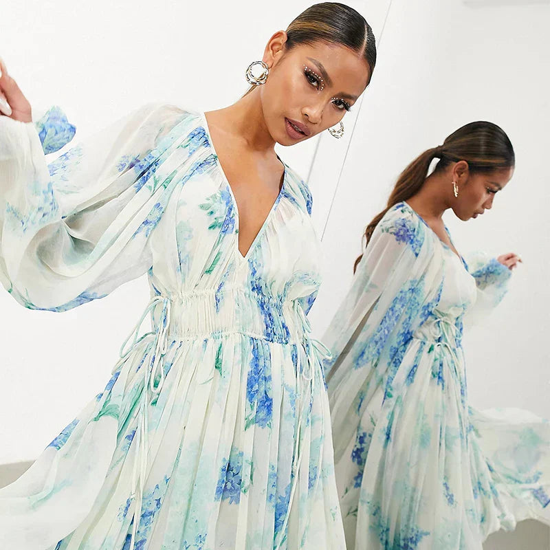Floral Drawstring Waist Maxi Dress