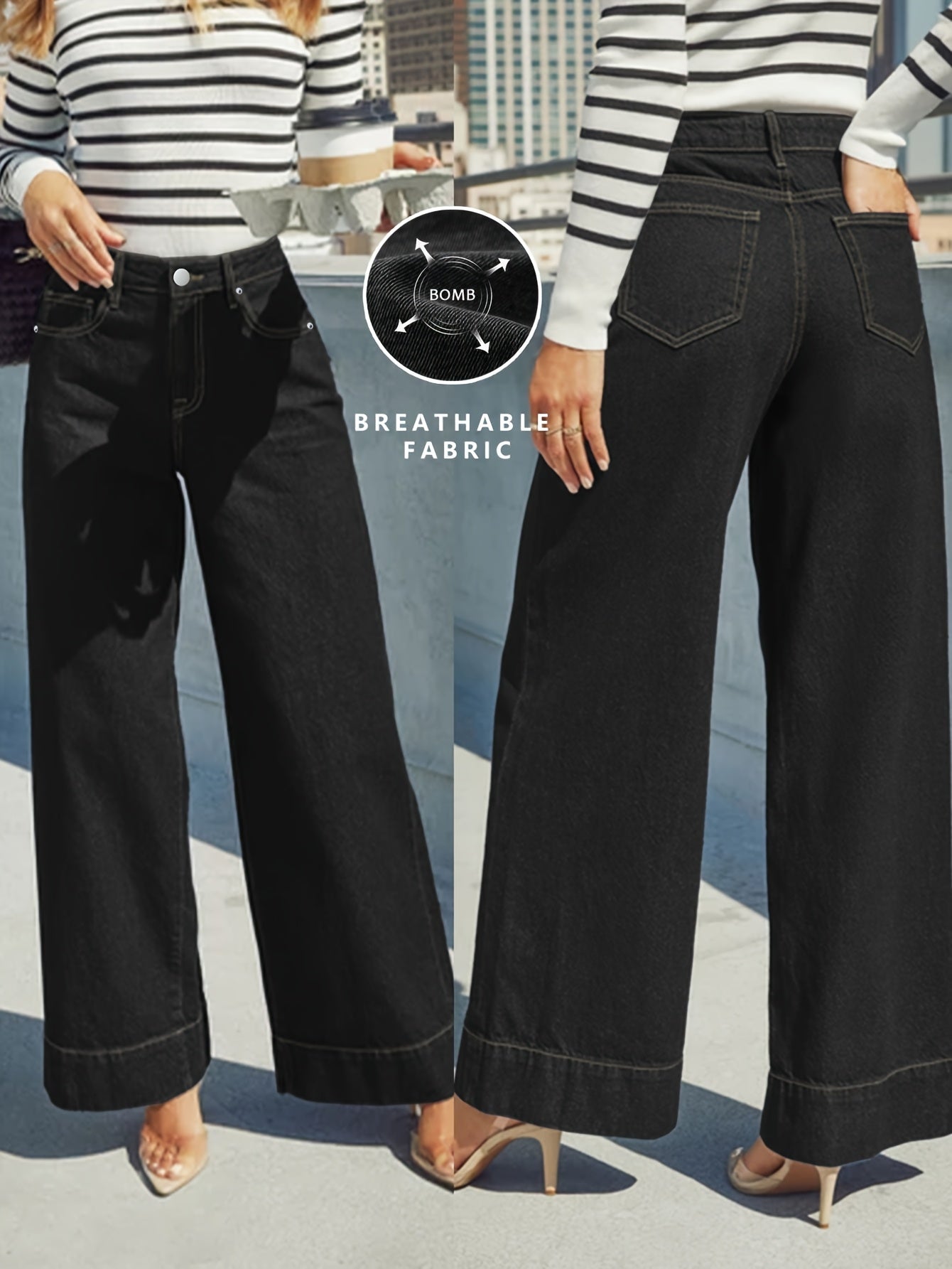 High-Waist Wide-Leg Stretch Denim Jeans with Cuffed Hem