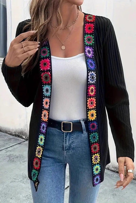 Boho Floral Edge Knit Long Sleeve Cardigan
