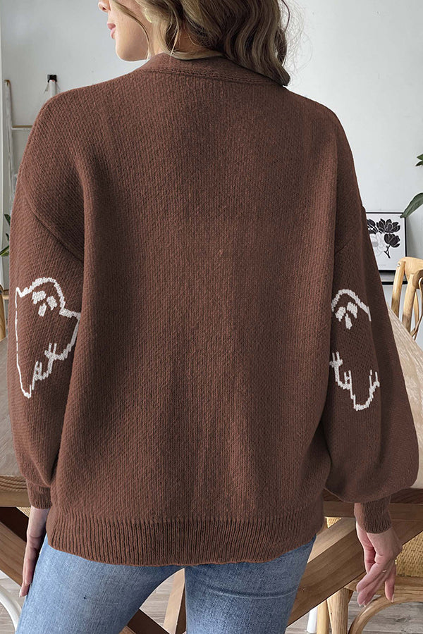 Cozy Halloween Ghost Knit Sweater Button-Down Top
