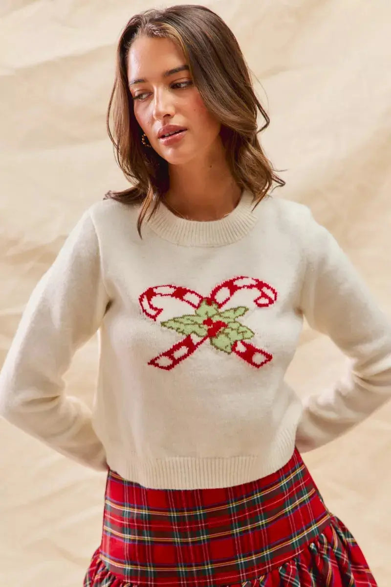 Cozy Christmas Candy Cone Cropped Sweater