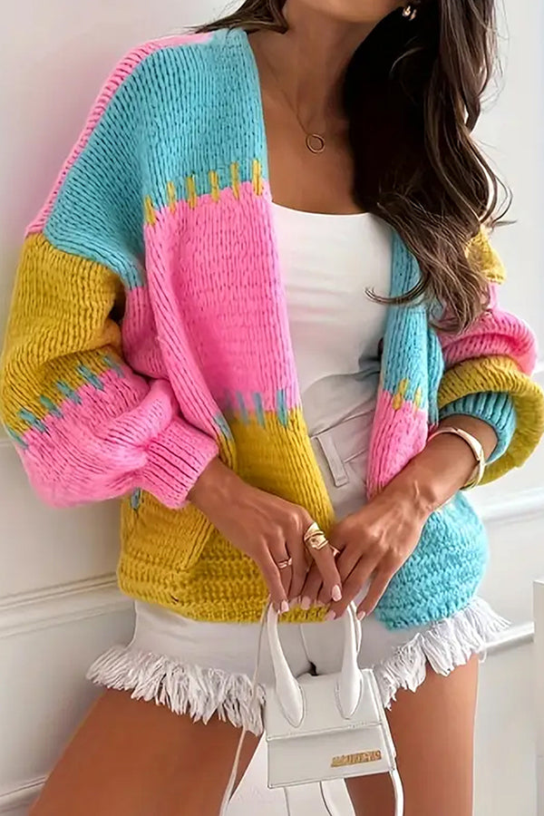 Casual Knitted Cardigan with Contrast Stitching Detail