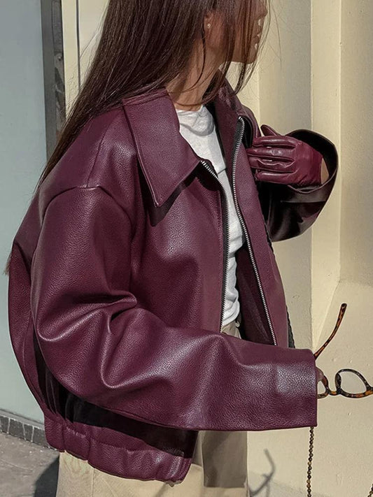 Burgundy Faux Leather Jacket with Stylish Lapel and Zipper Detail