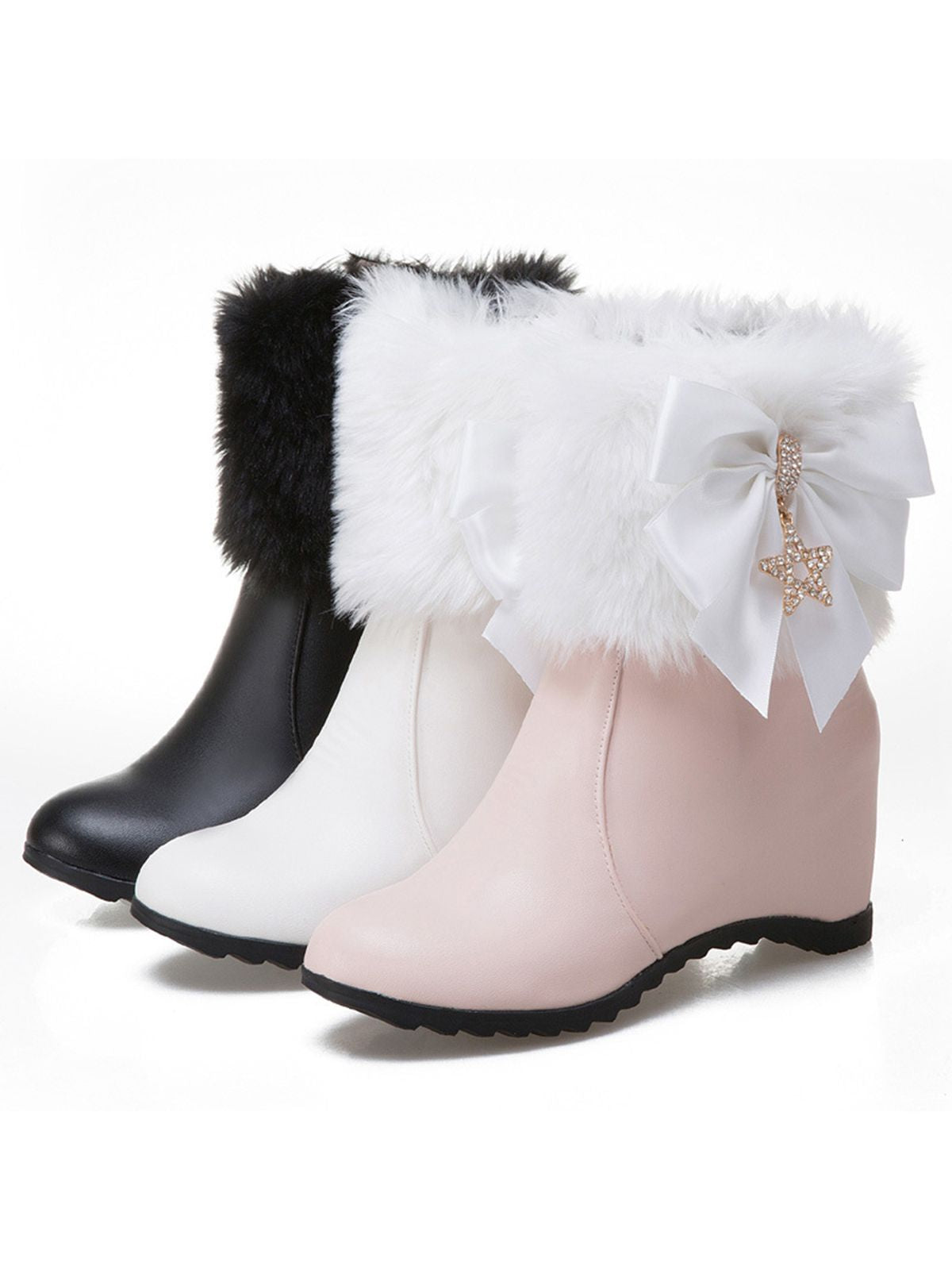 Vintage Faux Fur Wedge Boots with Bow and Star Detail