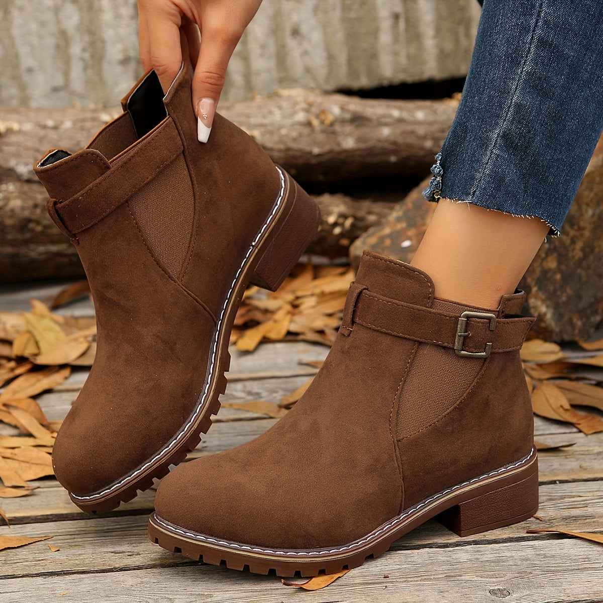 Chic Block Heel Ankle Boots with Buckle Strap and Elastic Sides