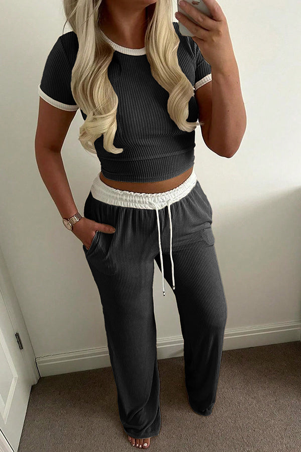Casual Two-Piece Set with Round Neck Top and Elastic Waist Pants