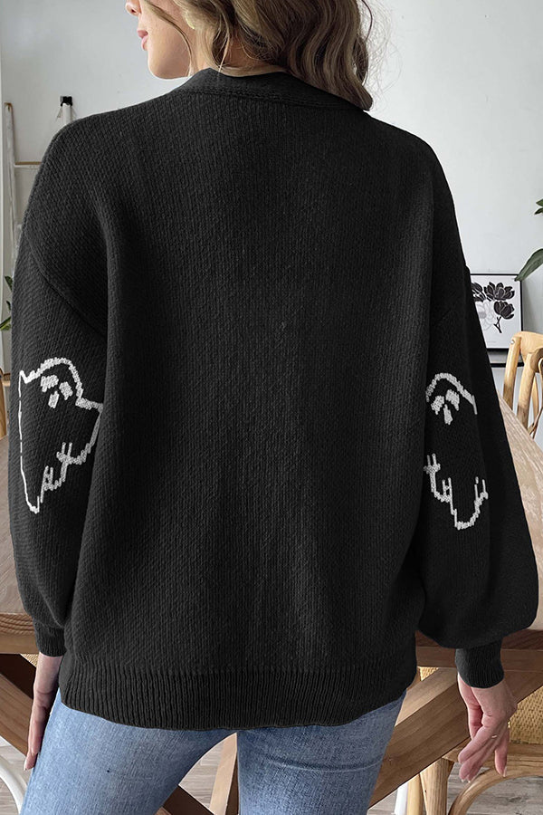 Cozy Halloween Ghost Knit Button-Down Sweater