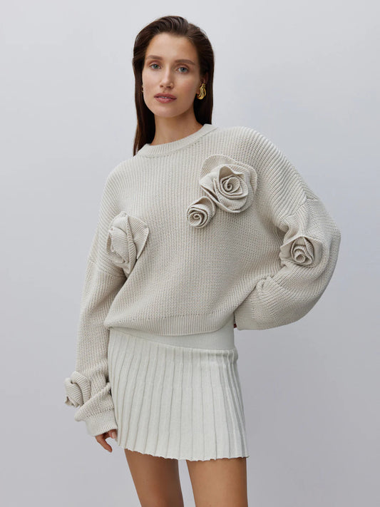 Cozy 3D Rose Knit Sweater with Casual Loose Fit