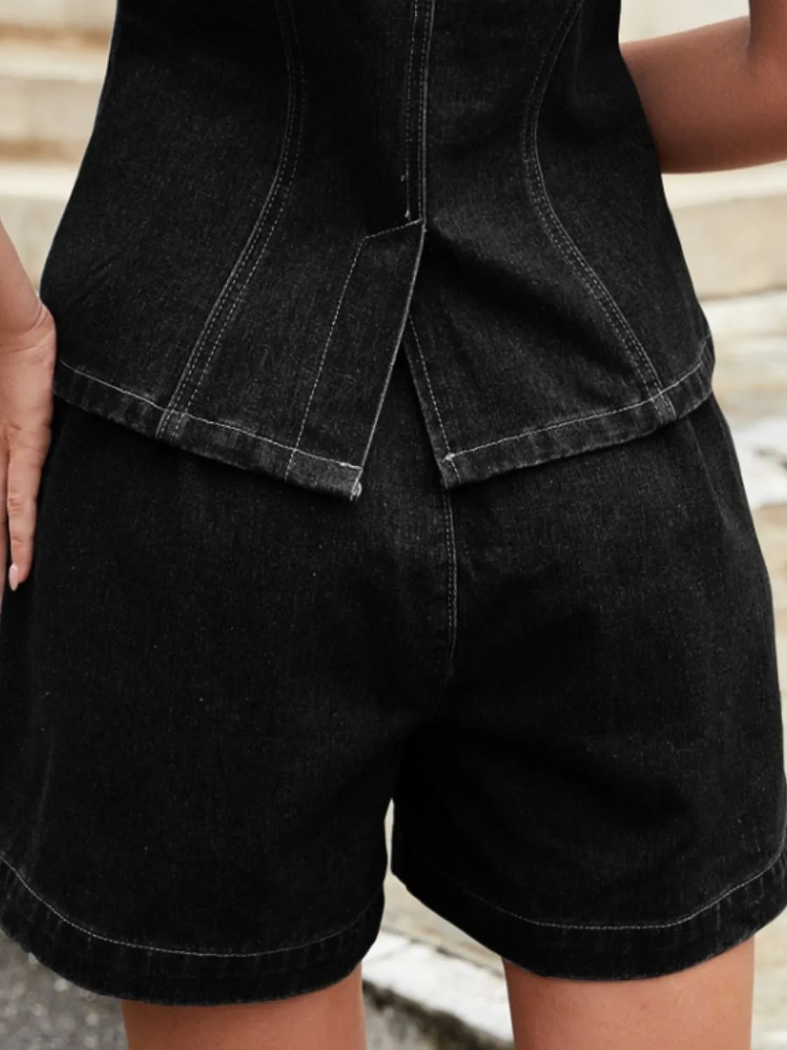 Casual Denim Button Down Vest and Shorts Set