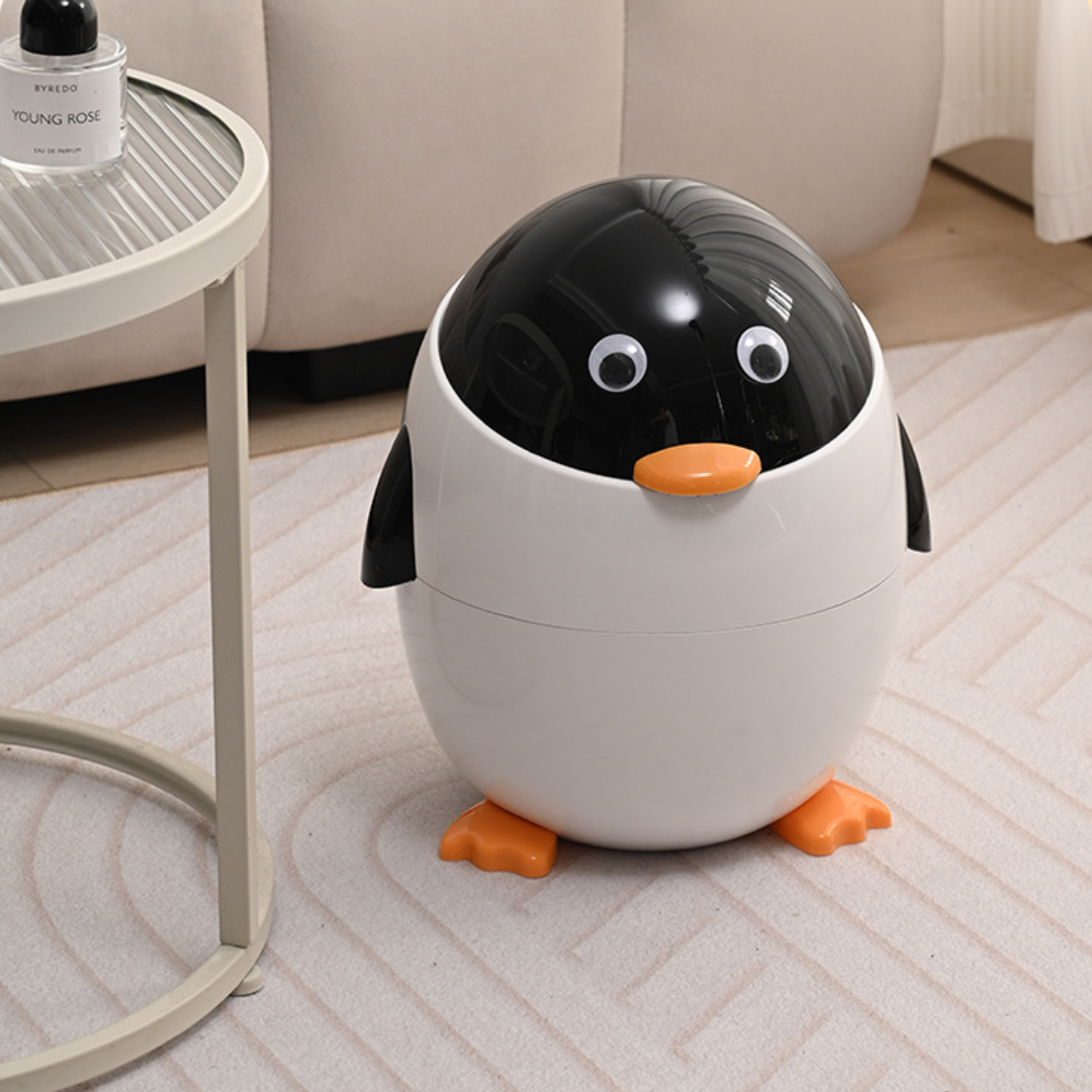 Cute Cartoon Penguin Trash Can with Flip Lid for Kids Room