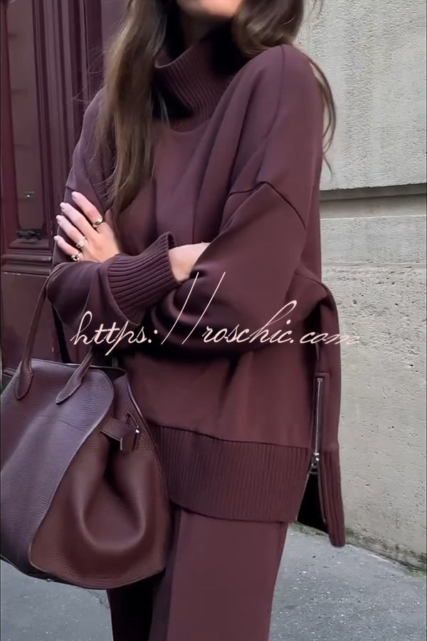 Cozy Turtleneck Sweatshirt & Elastic Waist Pocketed Pants Set