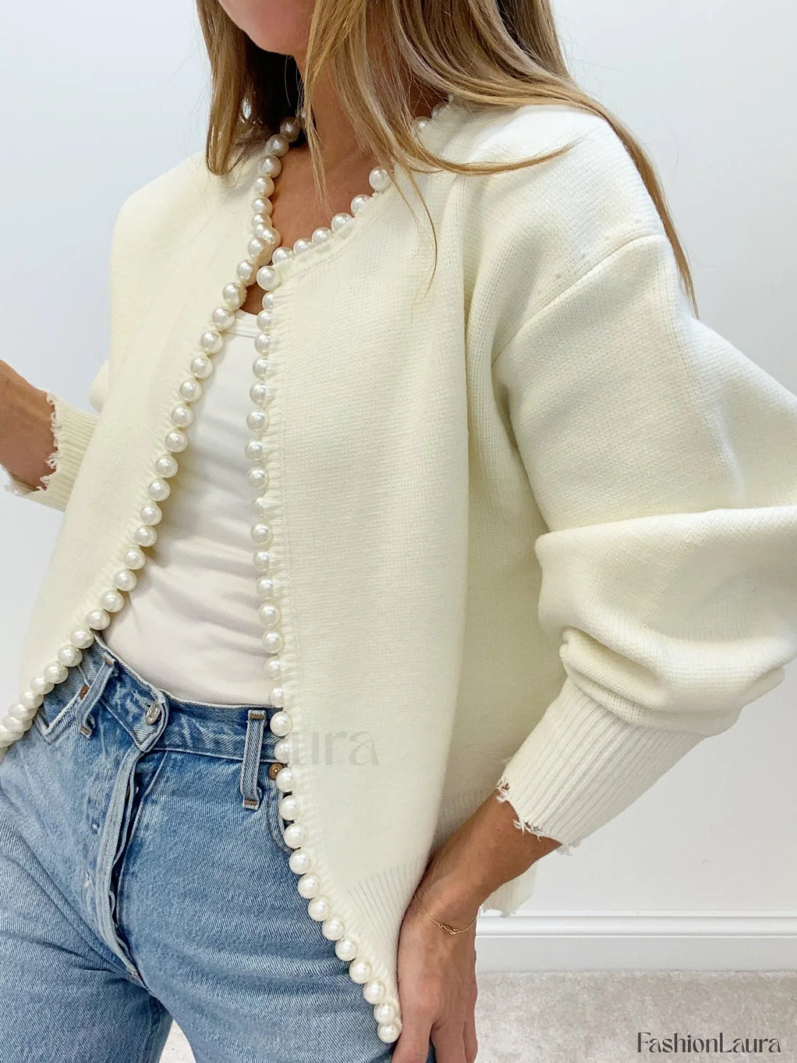 Pearl Trim Ripped Hem Knit Cardigan