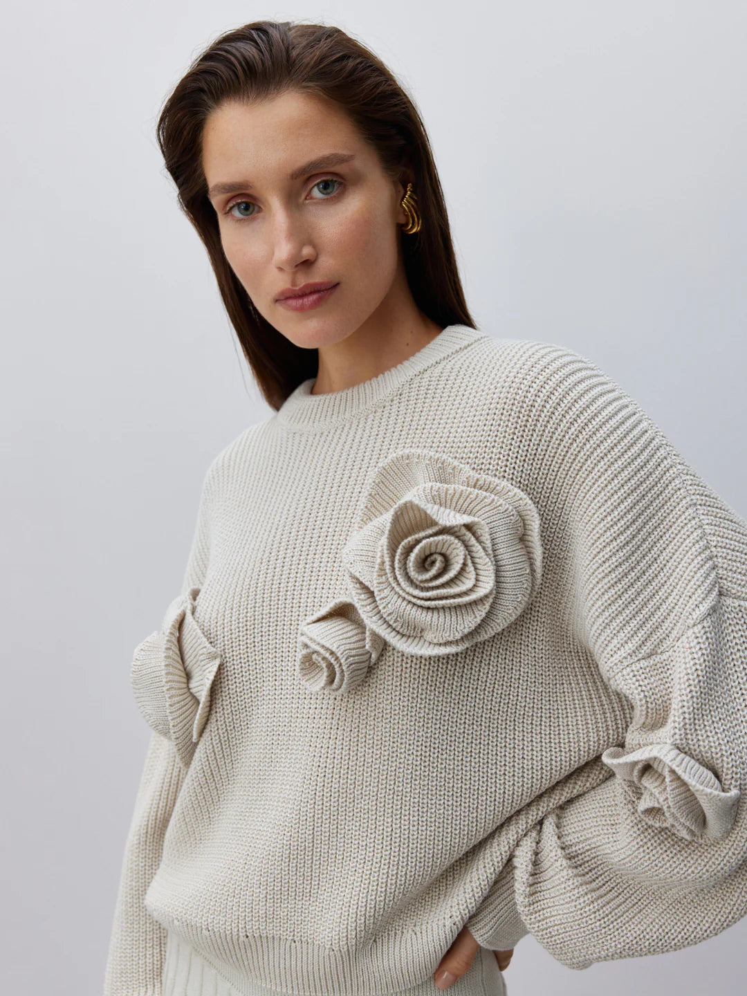 Cozy 3D Rose Knit Sweater with Casual Loose Fit