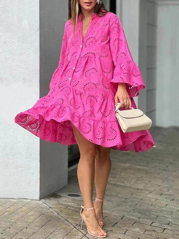 A-Line V-Neck Mini Dress with Flared Sleeves