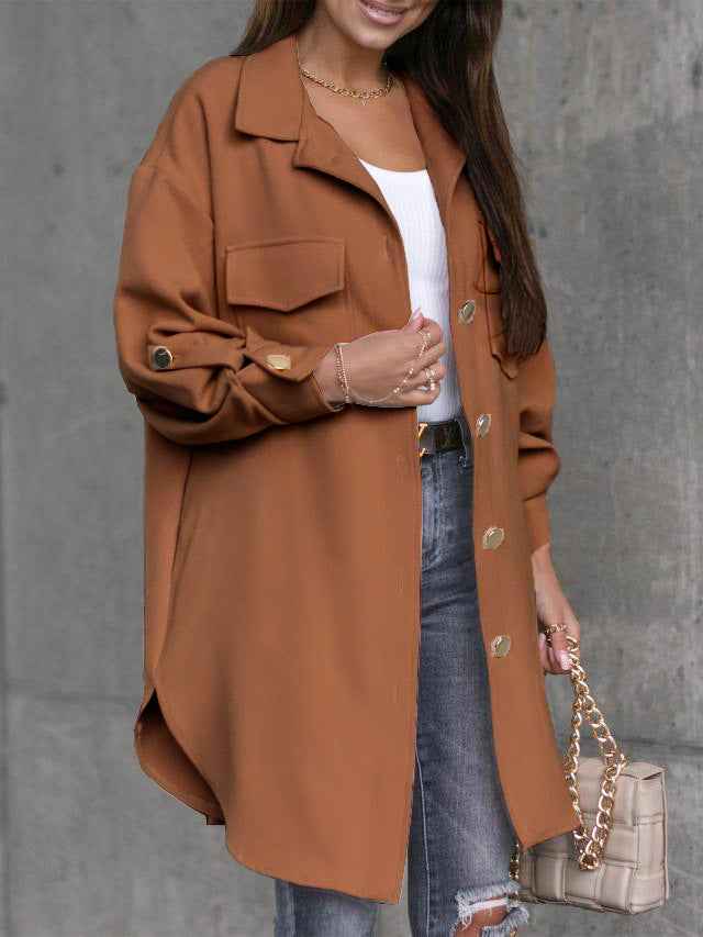 Cozy Long Buttoned Shirt Jacket with Wool Collar and Lapels
