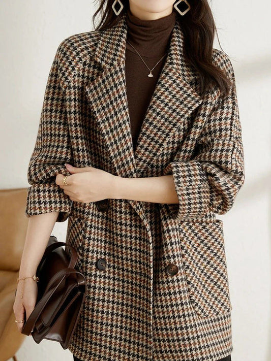 Houndstooth Wide Lapel Blazer with Rolled Sleeves